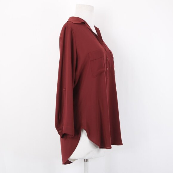 Pleione Top Sz XS Burgundy Red Collared Hi Lo Buttons 100% Polyester Top - Picture 7 of 15